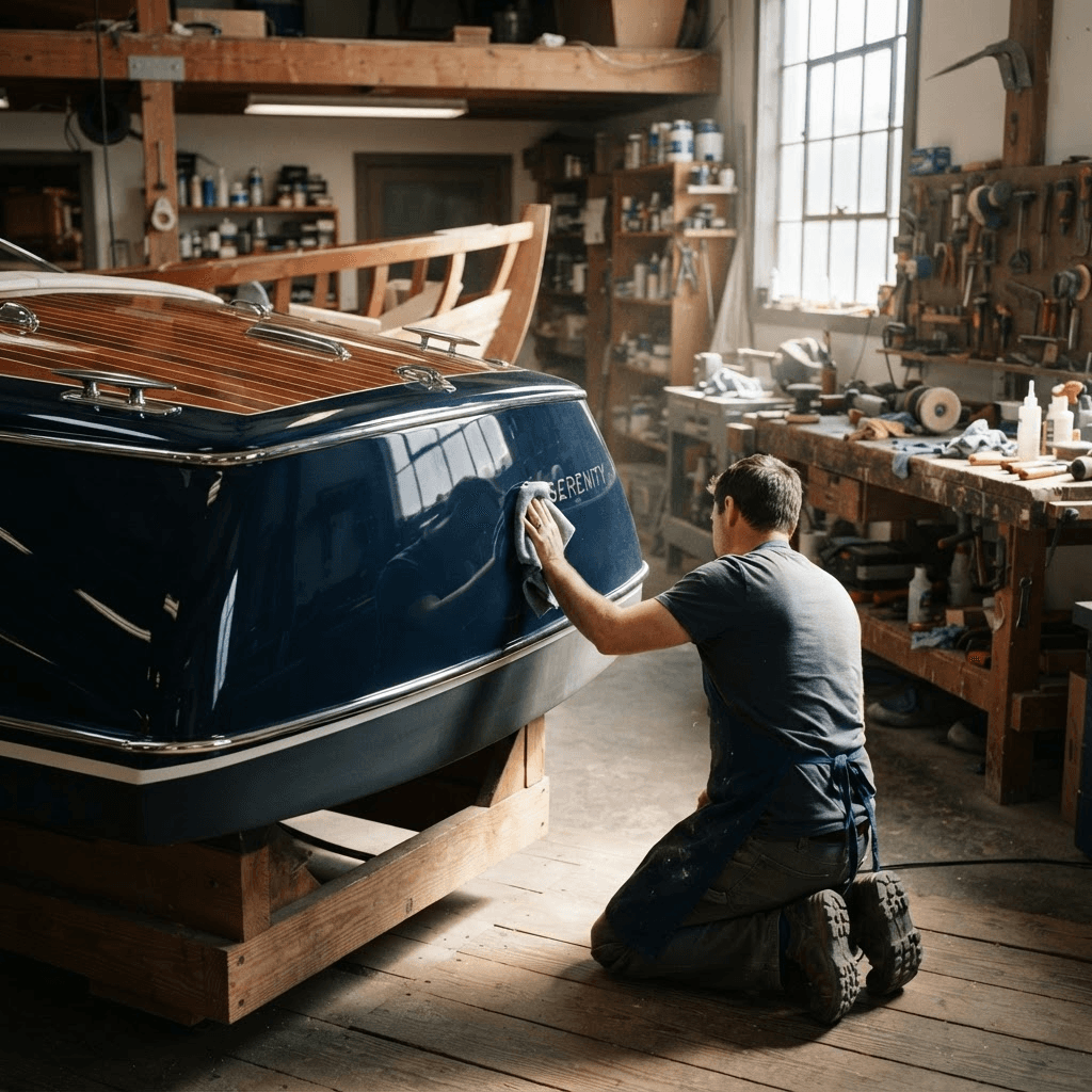 Fiberglass boat hull being repaired in the North Lake Fiberglass workshop