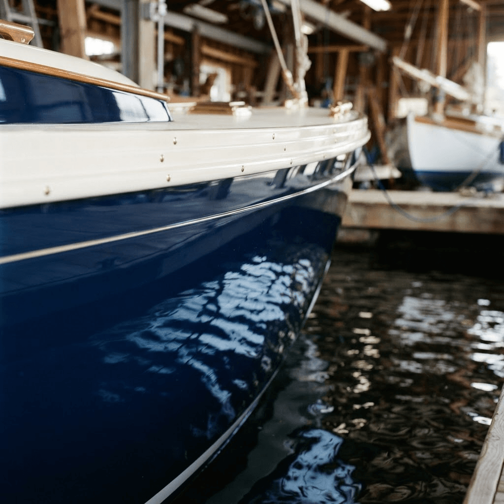Mirror-like finish on a restored navy boat hull
